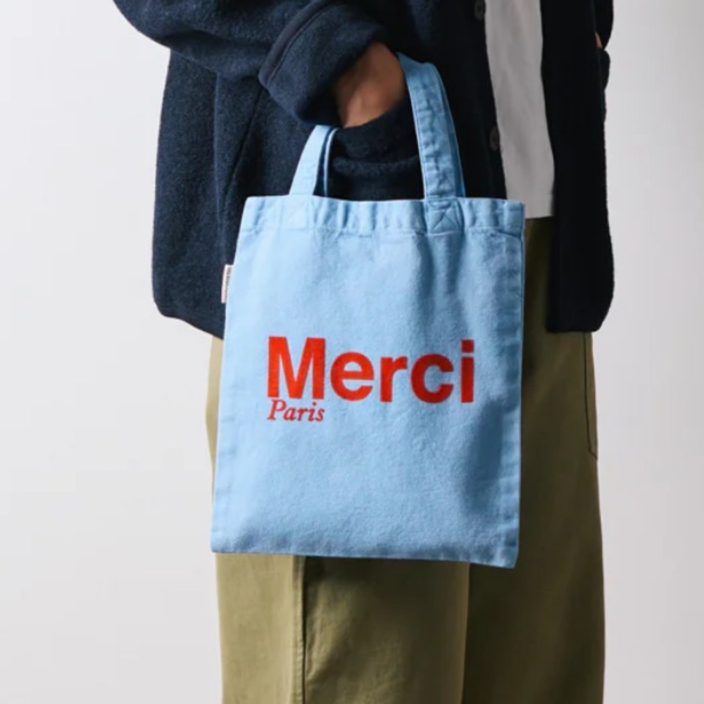 NWT Merci Paris Light Blue mini Canvas Tote with Red Logo